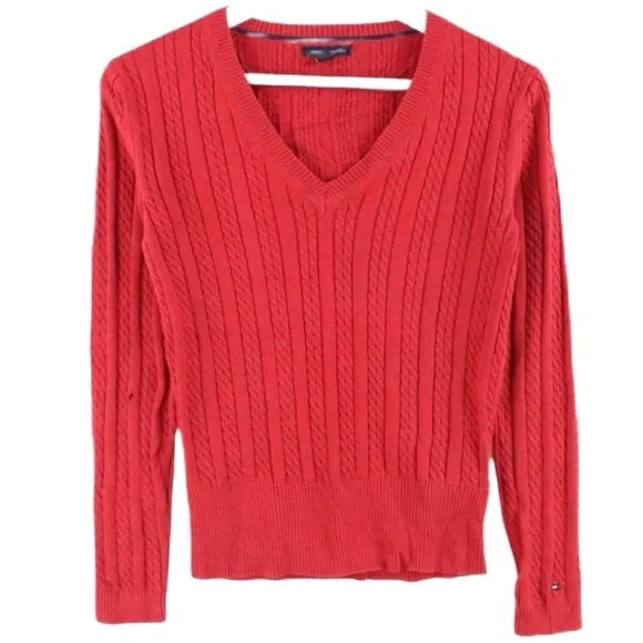 Tommy Hilfiger | Cotton Cable Ivy V-Neck Long Sleeve Knit Sweater Scarlet (M) - Picture 2 of 11